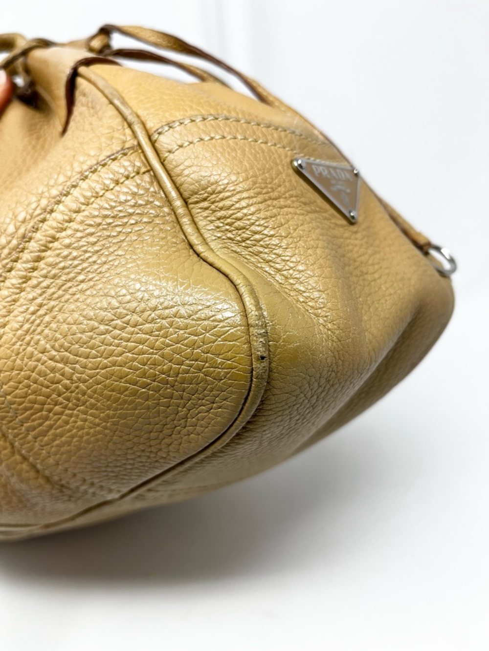 Authentic Vintage Prada 90s Brown Tan Triangle Logo Leather Shoulder Hobo Bag - Picture 13 of 16